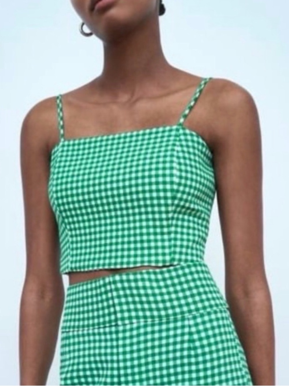 Zara Green Gingham Spaghetti-Strap Crop Top